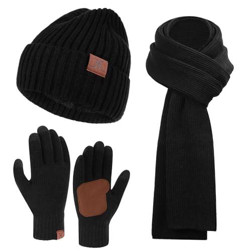 Herr vinter varm beanie mössa lång halsduk och pekskärm handskar set med fleece fodrad stickad mössa halkfria vinterhandskar tubhalsduk set, svart, En Storlek