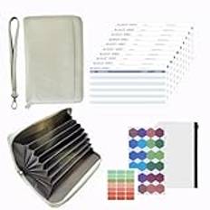 Budget plånbok, Budget Planner, Cash Stuffing Savings Challenge, Första lagret läder kontantkuvertplånbok, Allt-i-ett budgetsystem med 12 budgetark, kategori etikett och handled19cm * 13cm (Silver)