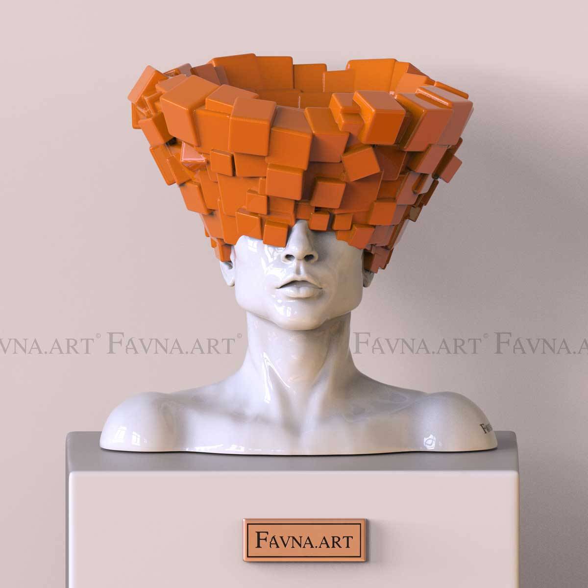 Male Bust Sculpture “Thoughts” – Sky Pink - H: 41 cm | 16.5 ′′ / Orange (H: 41 cm | 16.5 ′′)
