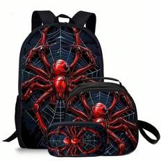 Red Spider Printed Backpack Three Pieces Set (Single-Layer Backpack + Shoulder Strap Round Lunch Bag + Single-Layer Pencil Bag) Pencil Case - Black