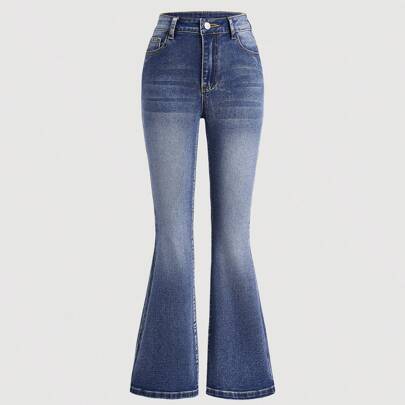 Tween Girl Y2k Trendig stentvättad broderidetalj Denim Flare Ben Jeans med sned ficka - Mediumtvätt (8Y,9Y,10Y,11Y,12Y)