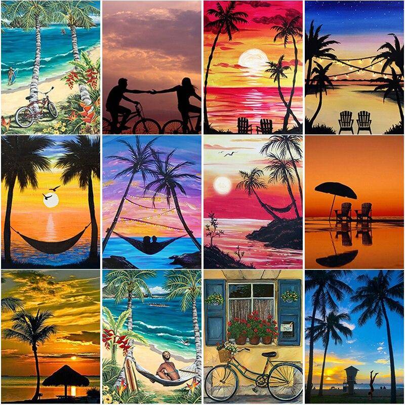 Ny 5D DIY Diamantmålning Strand Solnedgång Diamantbroderi Landskap Korsstygn Full Rund Borr Hantverk Heminredning Gåva