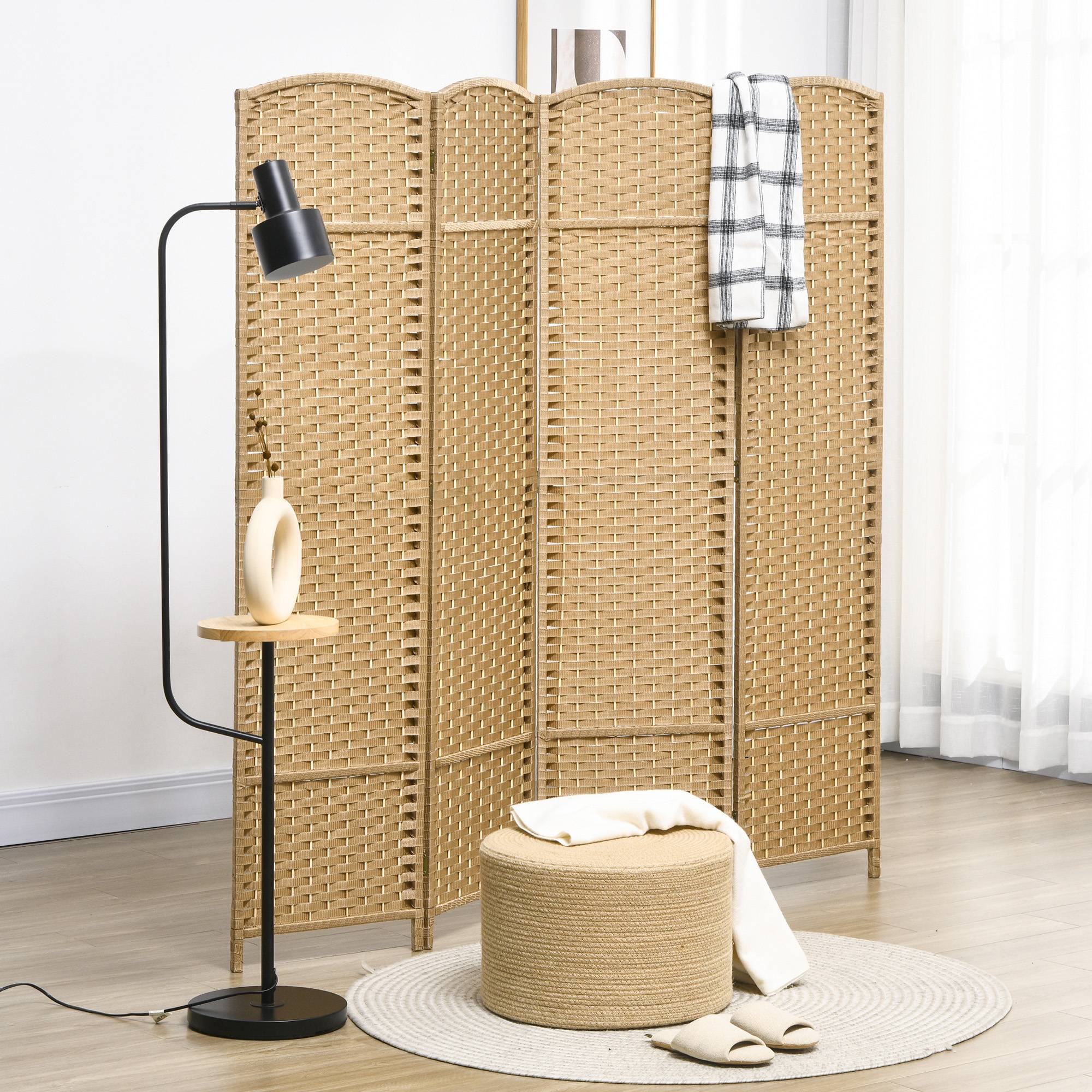 4-panels rumdeler, foldbar privatlivsskærm, privatlivsskærm til stue, soveværelse, hjemmekontor, naturlig.