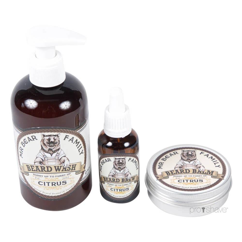 Mr. Bear Citrus Sæt, Skægshampoo, Skægolie og Skægbalm.