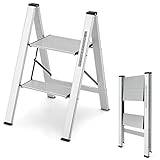 COSTWAY Stegstege, stående stege, 2 steg, hopfällbar stege i aluminium, upp till 150 kg, vikbar stege, stegpall för hem, kontor, garage, silver