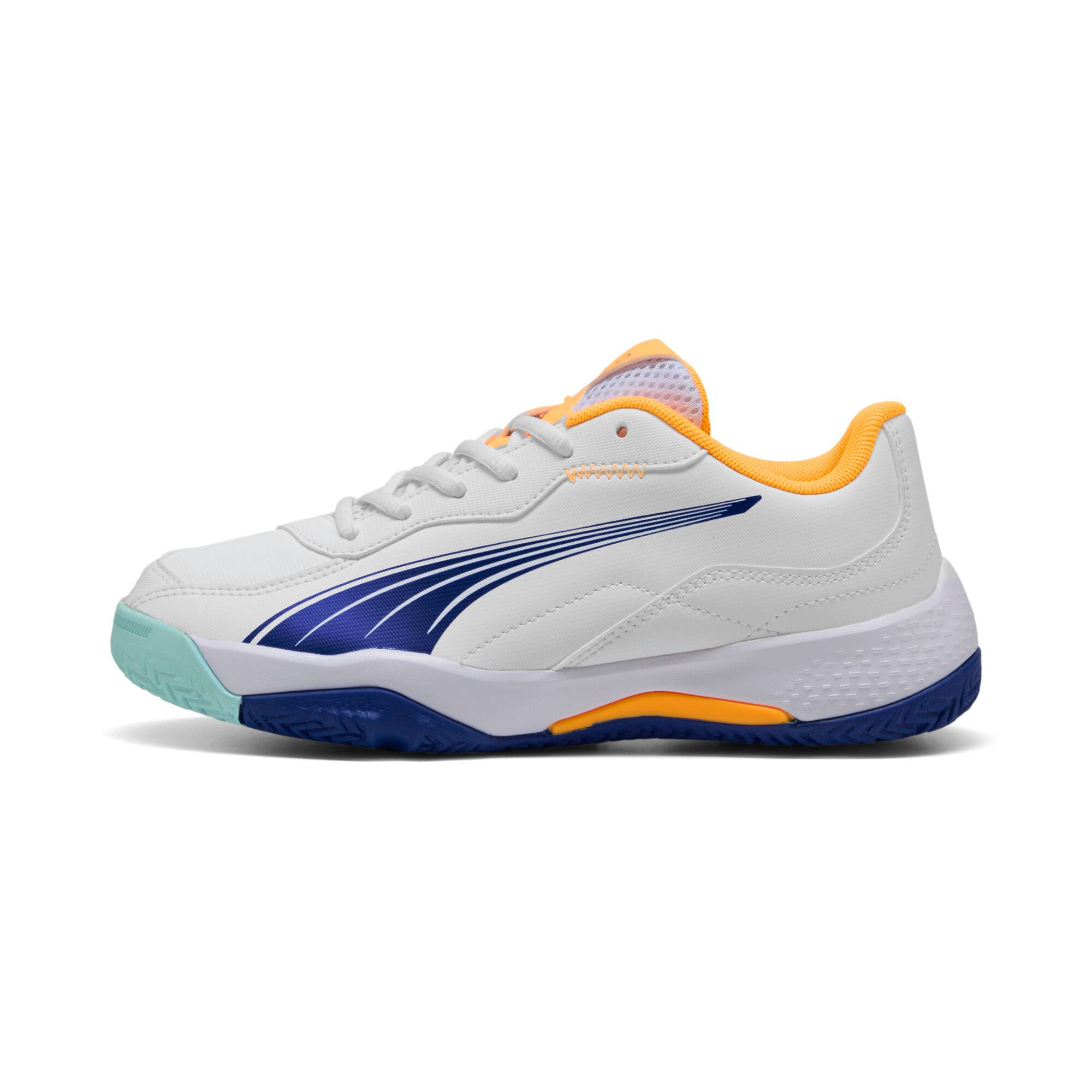 PUMA NOVA Smash Padel Shoes Youth, Shoes, White/Vivid Blue/Safe Lake, 31