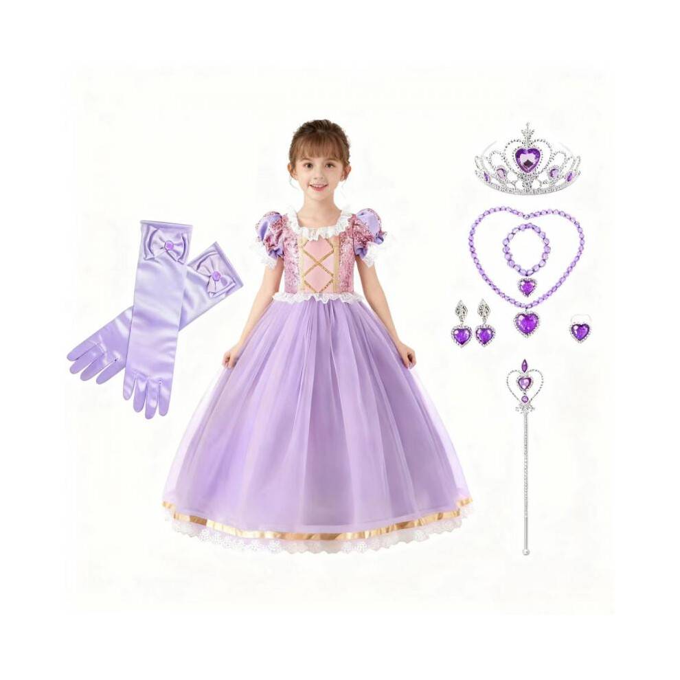 (140-150 cm) Princess Rapunzel Carnival Costume for Kids, with Crown and Accessories, 11-12 Years, 140-150 cm, Purple Royal