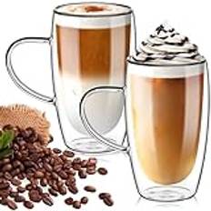 TKNO Uppsättning av 2-pack 450 ml dubbelväggiga höga kaffeglas muggar koppar med handtag för kaffe te latte juice glass borsilikat värmebeständiga stora glaskoppar, mikrovågsugnssäker, perfekt för