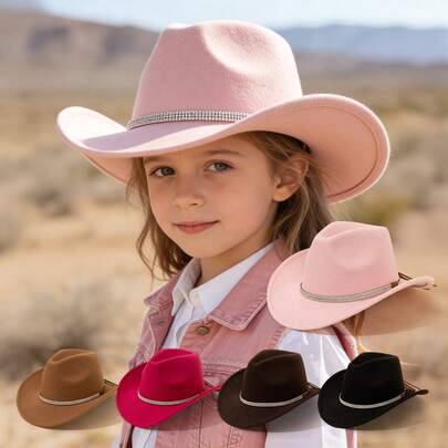 1 st cowboyhatt i filt för barn, westernstil med tjurhuvudshäng och band i konstläder, bred brätte, lämplig för hästkappslöpsevenemang och Halloweenfe - Kaffebrun (8-12Y,12-16Y,3-8Y)