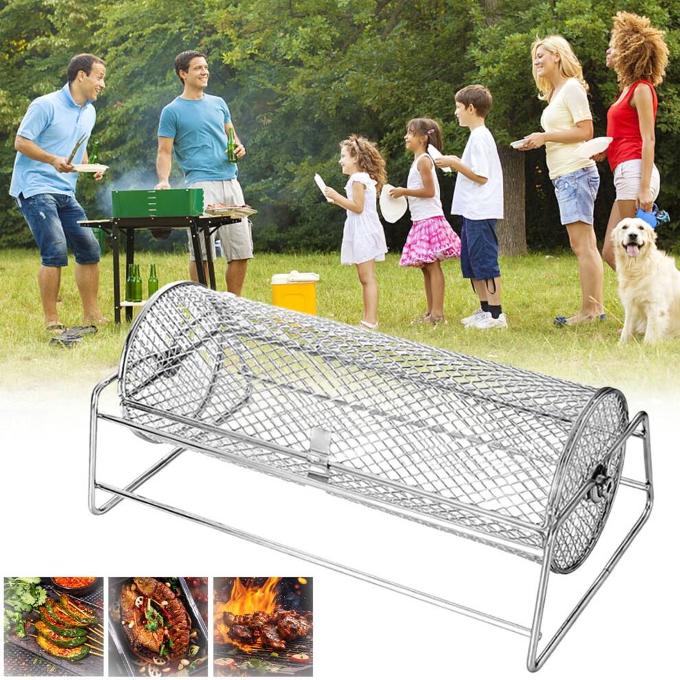 Roterende grillkurv – Bærbar rund grillkurv til grøntsager, kød, fisk; Rengøringsvenlig rygeboks til camping, picnic, udendørs madlavning