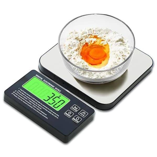 Köksvåg 10kg/1g - precisionsvåg för matlagning och bakning med rostfri plattform, LCD-display, multifunktionsenheter och batteridrift
