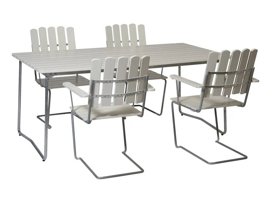 Grythyttan Stålmöbler B31 matgrupp Hvidlakeret ek/galvaniseret stål 4 lænestole & bord 170 x 92 cm