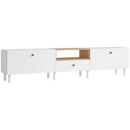 TV-Bänk Vit/Natur i Spånskiva – 200×35×45 cm, Förvaring med Skåp & Låda