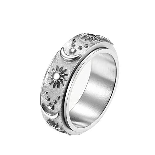 KnBoB 8 mm fidget-ring, silver stjärna måne sol spinnerring i rostfritt stål för herrar, Rostfritt stål, Ingen ädelsten