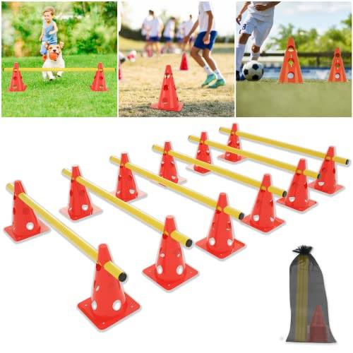 Froadp Set med 6 agility Sports snäpphinder koordinationsträning med röd 32 cm skylthink kon och gul 100 cm stång hinder för barn eller hundar för hoppträning