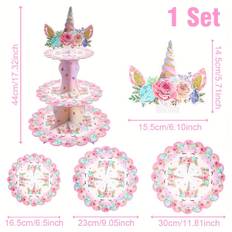 TEMU 1 Set, Cute Cupcake Stand - Cute Birthday Party Decorations 3-tier Cardboard Dessert Tower Holder Round Serving Tray Stand Horn Theme Supplies