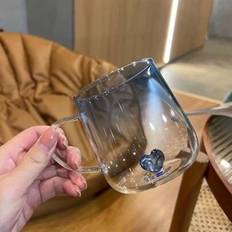 Värmebeständig kaffemugg i glas med hög borosilikathalt och handtag, med en invändig skulpterad hjärtdesign, elegant och romantisk dricksglas för te, - Babyblå (400ml,1 st böjt halm,1 st rosa kärlekskopp,2 st (rosa + blå) kärlekskopp)