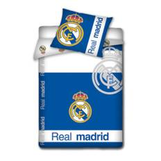 Real Madrid sängkläder - Vändbart bäddset med logotyp och text - 140x200 cm - 100% bomullssänglinne - Fotbollssängkläder - Vit/Blå (140x200 cm)