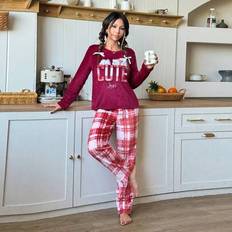 2st tonårsflickor Höst/vinter Outfit Set - Bear & Letter Broderad tröja Topp och Rutiga flanell Pyjamasbyxor, mjuka och bekväma - Röd (14Y,13Y,16Y,15Y)