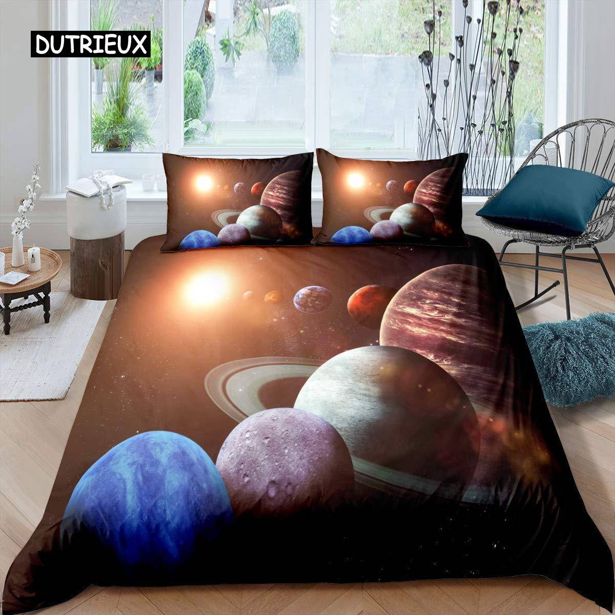 Sol System Täcke Set Twin King Mikrofiber Yttre Rymden Galax Sängkläder Set Universum Planet Astronomi King Size Täcke US King(264x228cm)