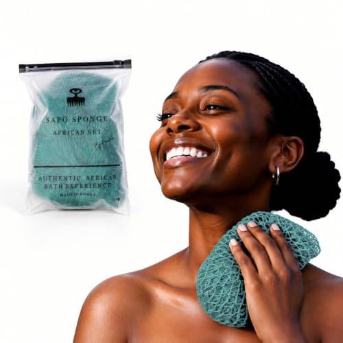 Äkta afrikansk nätsvamp från Ghana med upphängningssnöre Lång peelingvamp för kropp och rygg Duschsvamp Perfekt för daglig kroppsvård (Skogsgrön)