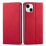 QLTYPRI Fodral till iPhone 13, högkvalitativt PU-läder, TPU-stötfångare med korthållare, stöd, dold magnetisk adsorption, stötsäkert, vikbart plånboksfodral för iPhone 13 (6,1 tum), röd