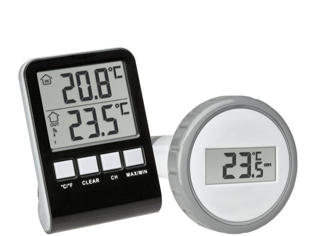 Trådlös pooltermometer, digital, visar även innetemperaturen