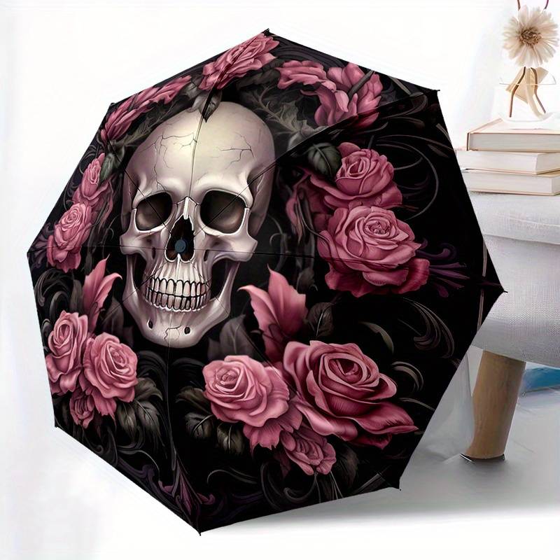 1pc Dark Skull Utomatic Folding Umbrella: Compact 8-rib Design For Outdoor Daily Compact Umbrella And Festive Gift Y166
