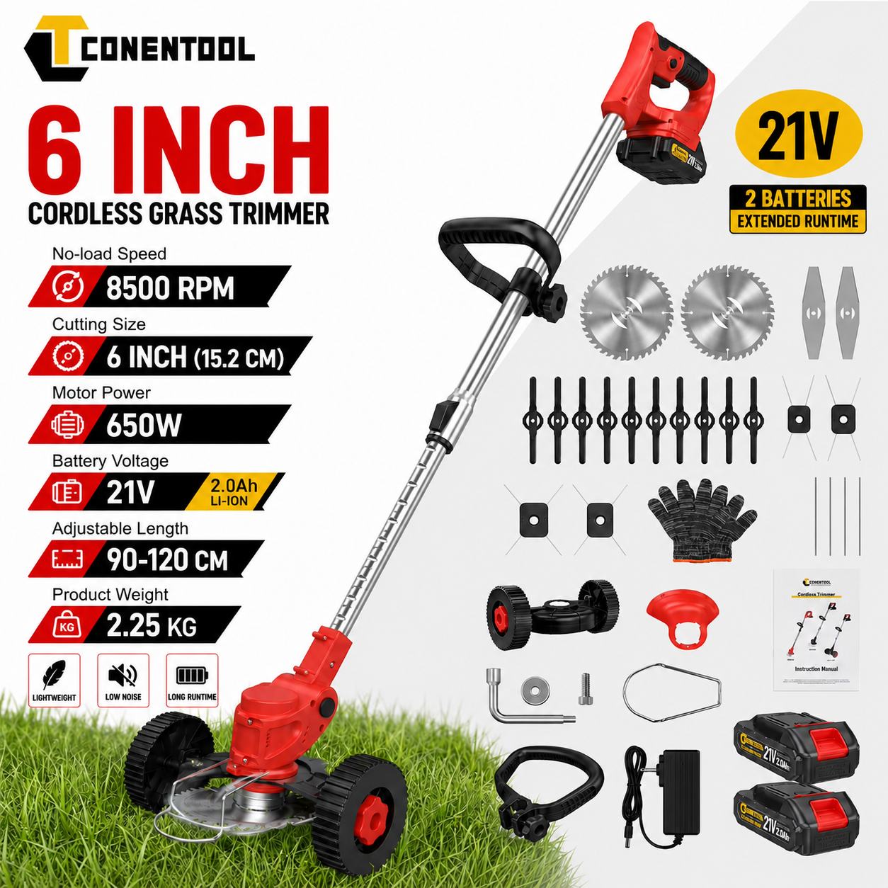 Conentool 21V Cordless Grass Trimmer Brush Cutter 650W Electric Weed Wacker with 5 Cutting Blades, For Makita Battery Interface, Telescopic Pole, Support Wheel for Garden Lawn Edge Trimming