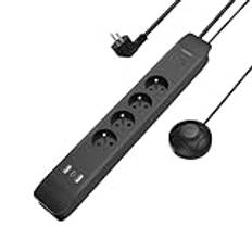Ucomen Multiuttag med fotomkopplare, förlängningssladd 2 m, grenuttag med 4 uttag med 2 USB A-portar och 1 USB C-portar, 1,5 m väggkabel, svart