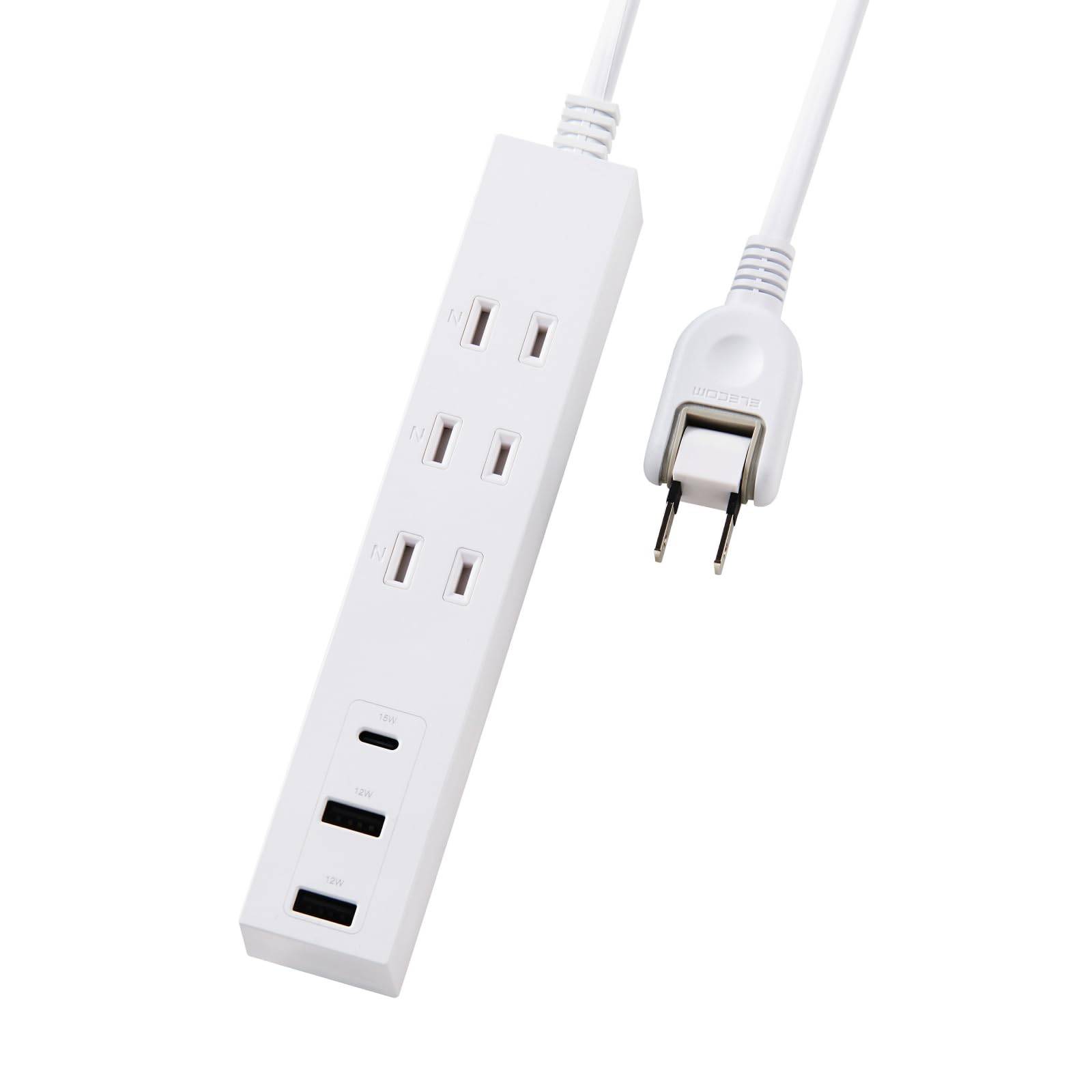 ELECOM Power Strip, USB Outlet, 15W, 3 AC Outlets, 2 USB-A Outlets, 1 USB-C Outlet, 1.5m, Polarized Plug Compatible (N-Pole), White, ECT-38-3A2C15WH