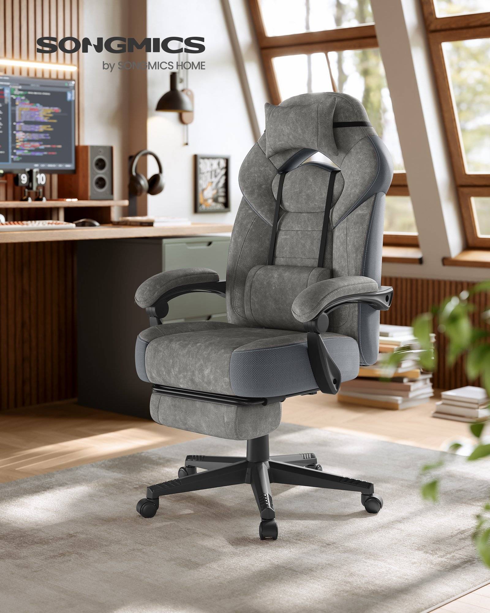 Gamingstol, kontorsdatorstol, ergonomisk design, 150 kg lastkapacitet, skiffergrå