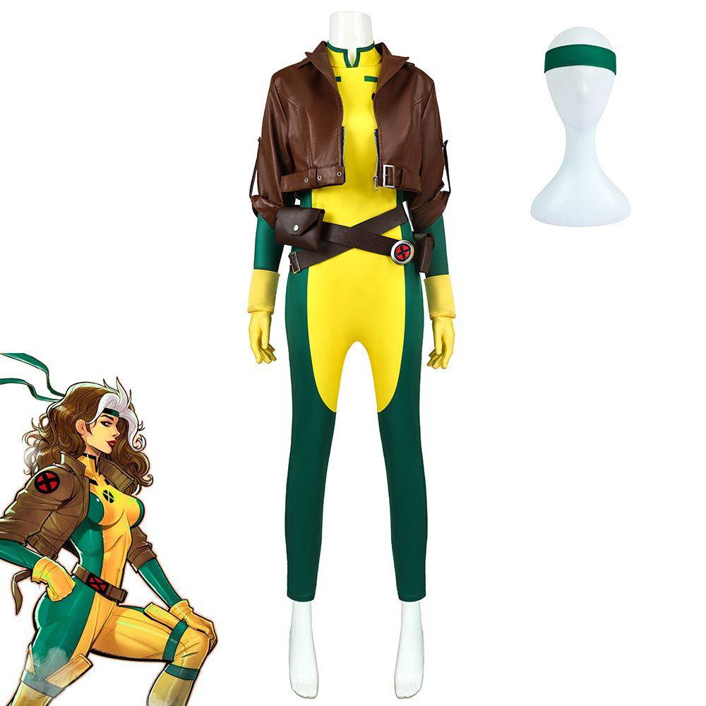 Marvel X-Men Rogue Cosplay Kostymset Anime Rollspelskläder med Peruk Handskar Bälte för Vuxen Halloweenfest cm