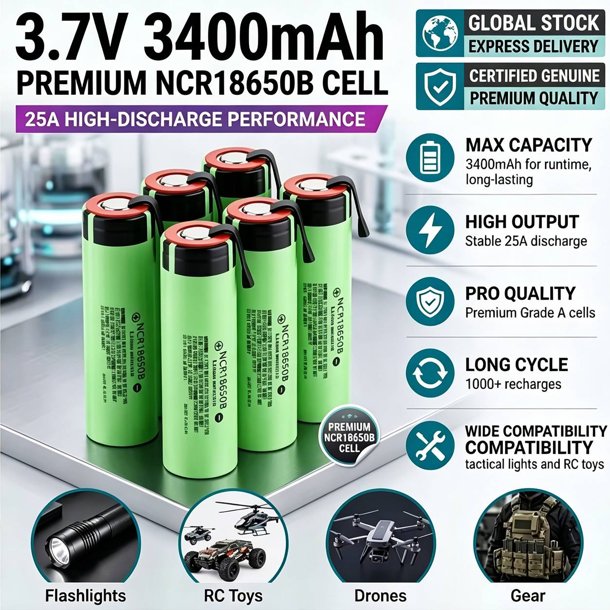 3.7V, 3400mAh 18650 Rechargeable Lithium-Ion Battery, High-Power Rechargeable Battery with 25A Discharge for Flashlights