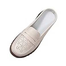 Dammode enfärgad mjuk sula läderskor dam slip on fritid sneakers moderna platta tofflor andas multifunktionella arbetsskor EU 35–42, Beige, 40 EU bred