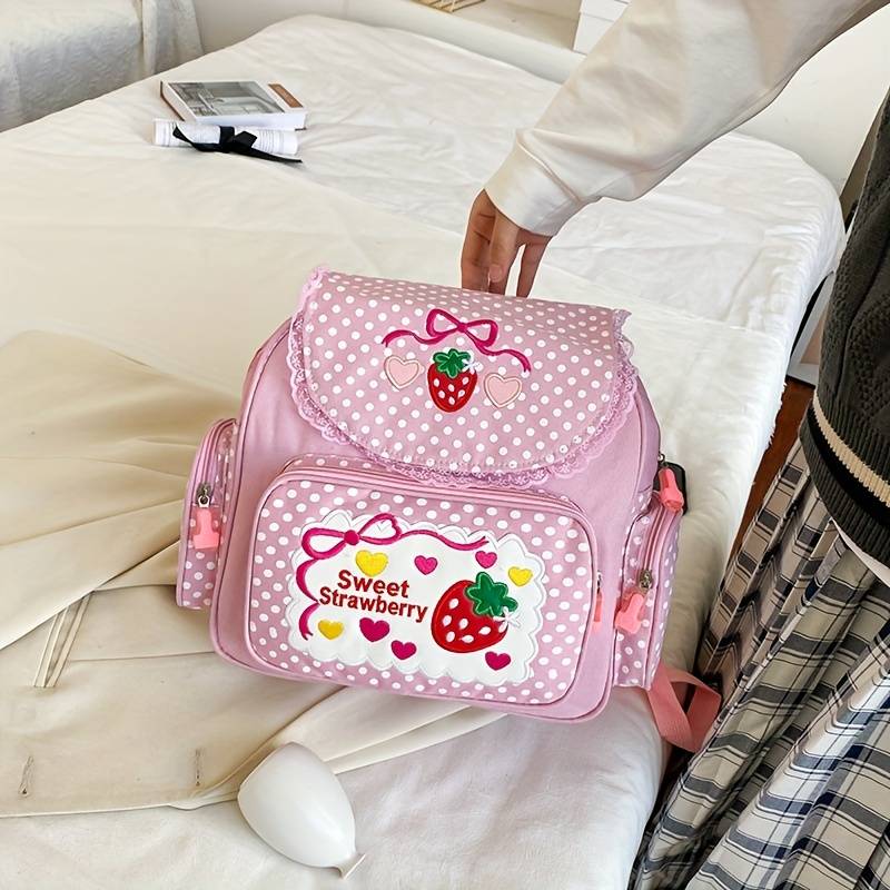 1pc Pink Embroidered Nylon Backpack For Girls - Cute Polka With Lace Trim, Large Capacity, High Quality, Adjustable Straps, Perfect Back-to-school Gift, Cute Backpacks For School