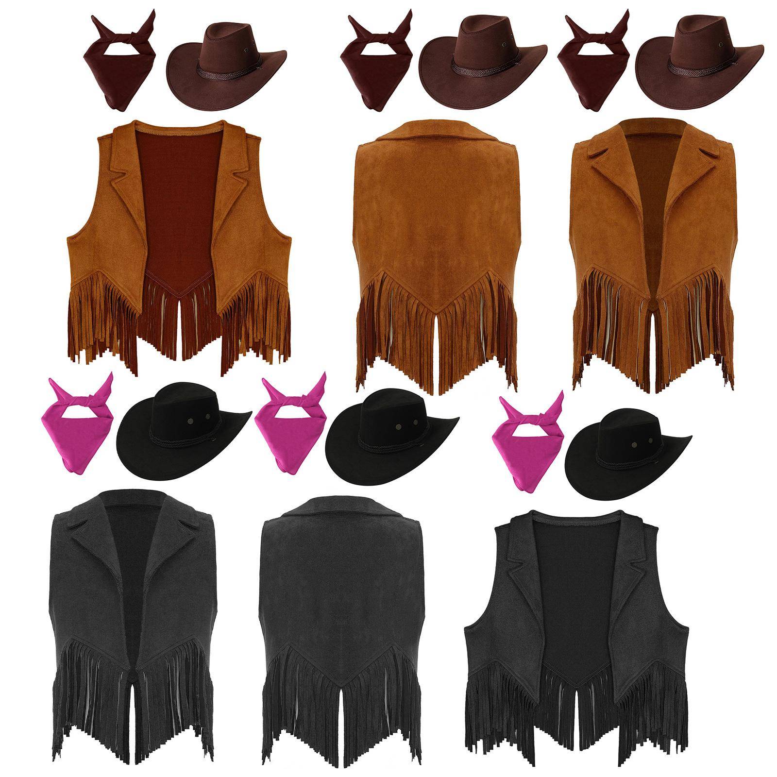 Flickor Western Cowboy Kostym 3 Delar Set Mocka Fransväst Cowboyhatt Bandanna Cowgirl Utklädningsfest Outfit cm svart