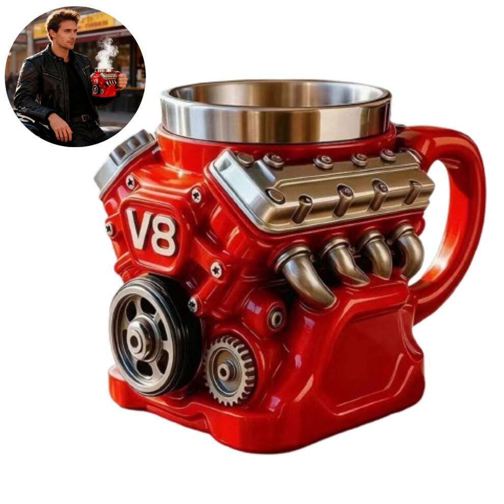 V8-motor kaffekrus retro mekanisk design 340 ml