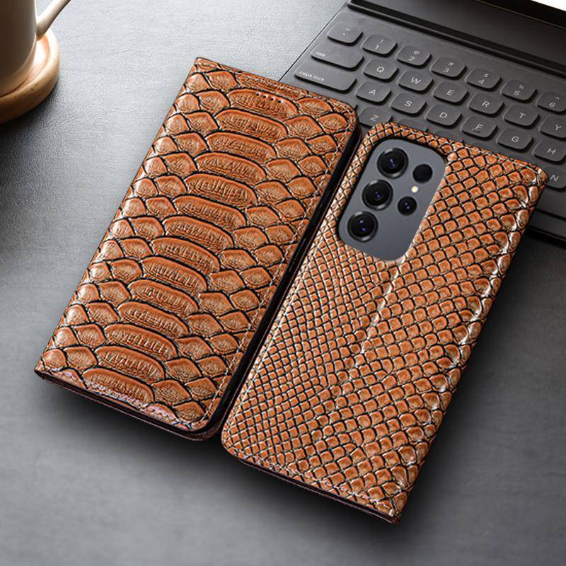 Pythonmönster Äkta Läder Fodral med Lock för Samsung Galaxy S20 S21 S22 S23 S24 S25 S26 FE Plus Ultra Edge Plånboksskydd Fodral