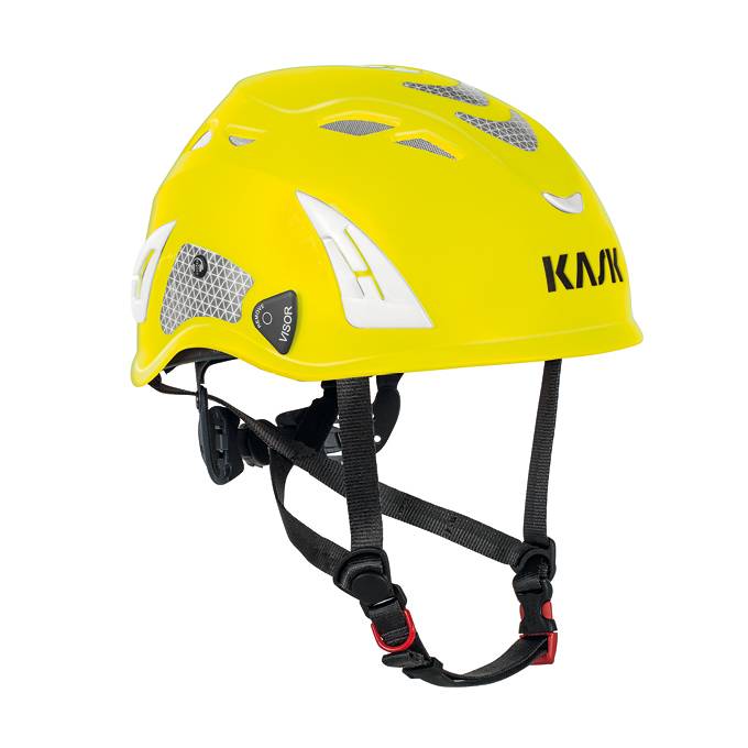 Kask SUPERPLASMA PL HI VIZ sikkerhedshjelm med 12 ventilations huller 4 punkt hagerem str. 51 til 62 cm skruejustering i nakken, 5 farver