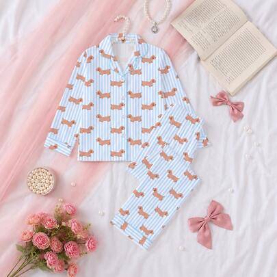 Barnpyjamassett med lång ärm, unisex blå- och vitrandigt med dachshund-valpmönster, långärmad cardigan med krage + långbyxor, löst hudvänligt 2-delat - Babyblå (6Y,7Y,4Y,5Y)