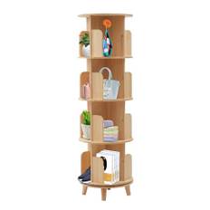 Roterbar bokhylla i massivt trä, 4 hyllor roterande hylla, trähylla med bordsfot, 360° mobil stående hylla, multifunktionell vägghylla (130 cm x 46 cm)