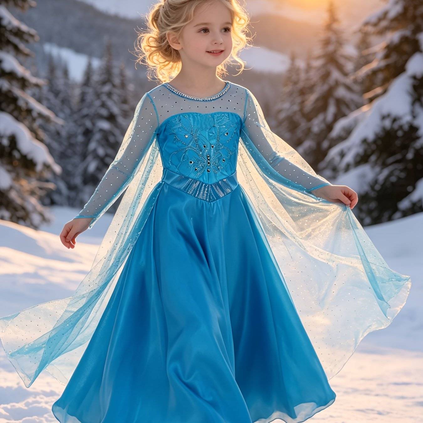 Halloween Costume, Halloween Girl Princess Dress, Girls' Blue Dress With Fabric, High-end And Good Drape, Sleeves And Cape With Sequined Sheer Mesh That Light When Moving