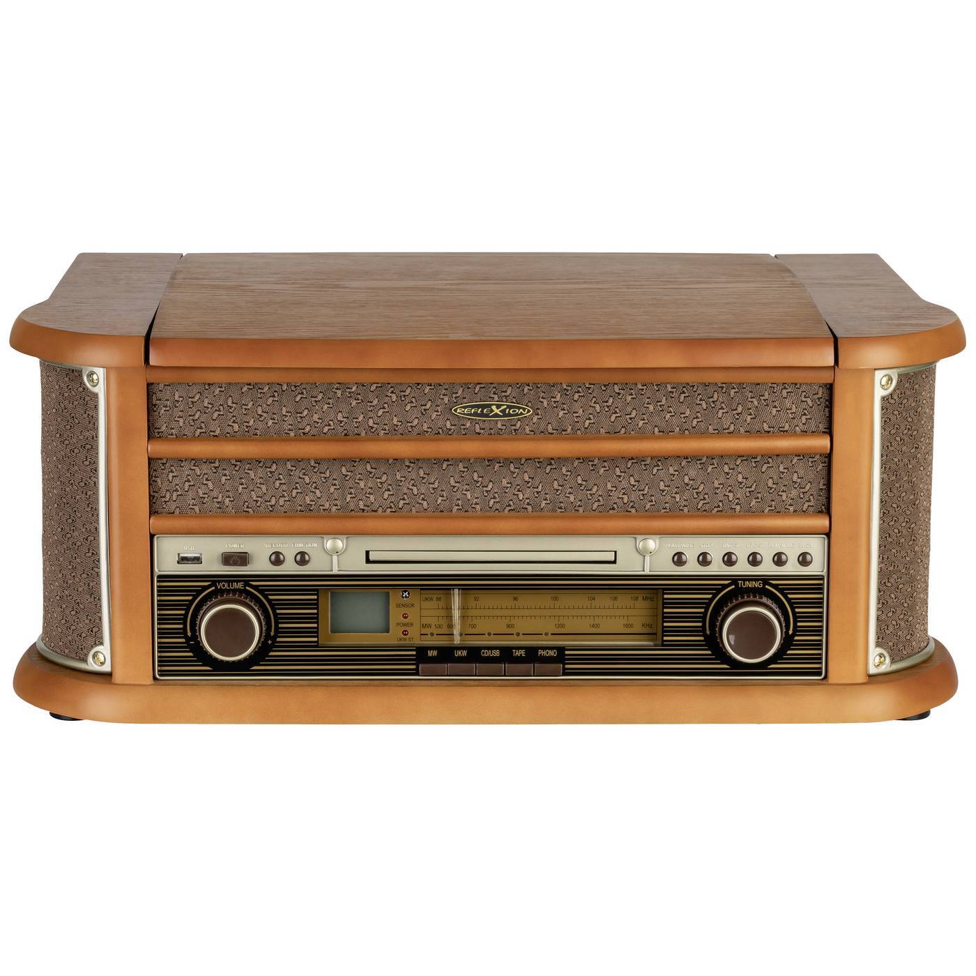 Reflexion HIF2002 Retro stereoanläggning FM, CD, Kassett, Skivspelare, USB Hölje i äkta trä, Inspelningsfunktion, inkl. fjärrkontroll 2 x 40 W Trä
