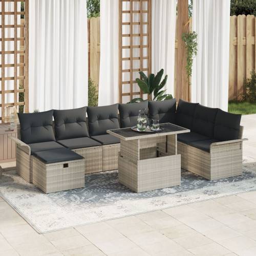 Trädgårdsoffset med kudde med lagring 9 pcs Ljusgrå Poly rattan