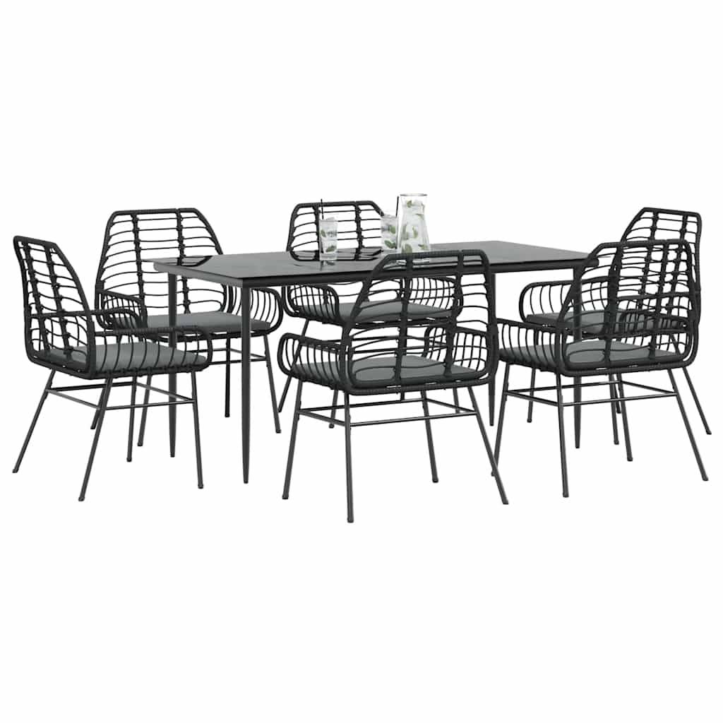 vidaXL 7 dele spisebordssæt til haven m. hynder polyrattan glas sort