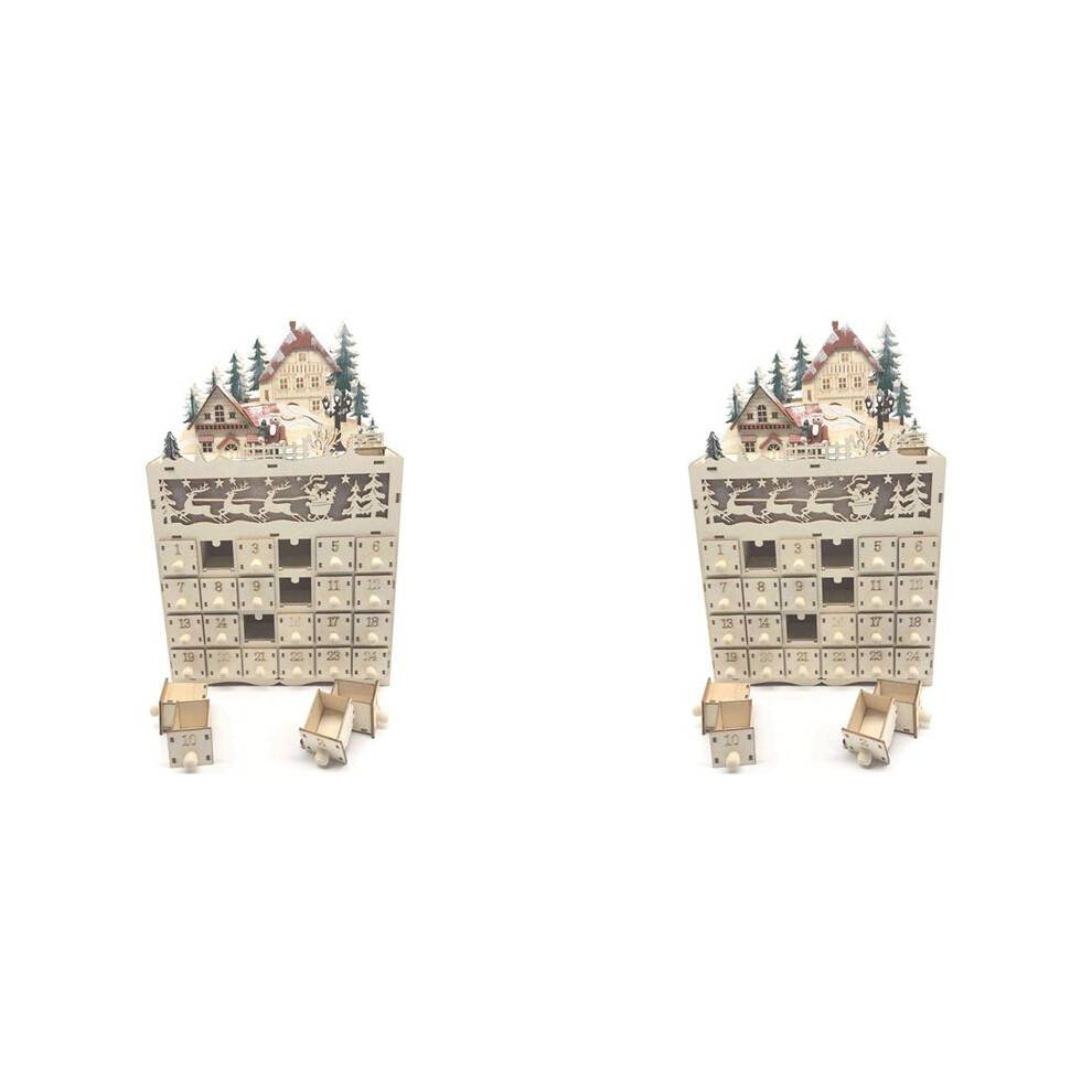 2X Wooden Christmas Advent Calendar Countdown to Christmas LED Holiday Decoration 24 Drawers with LED Light