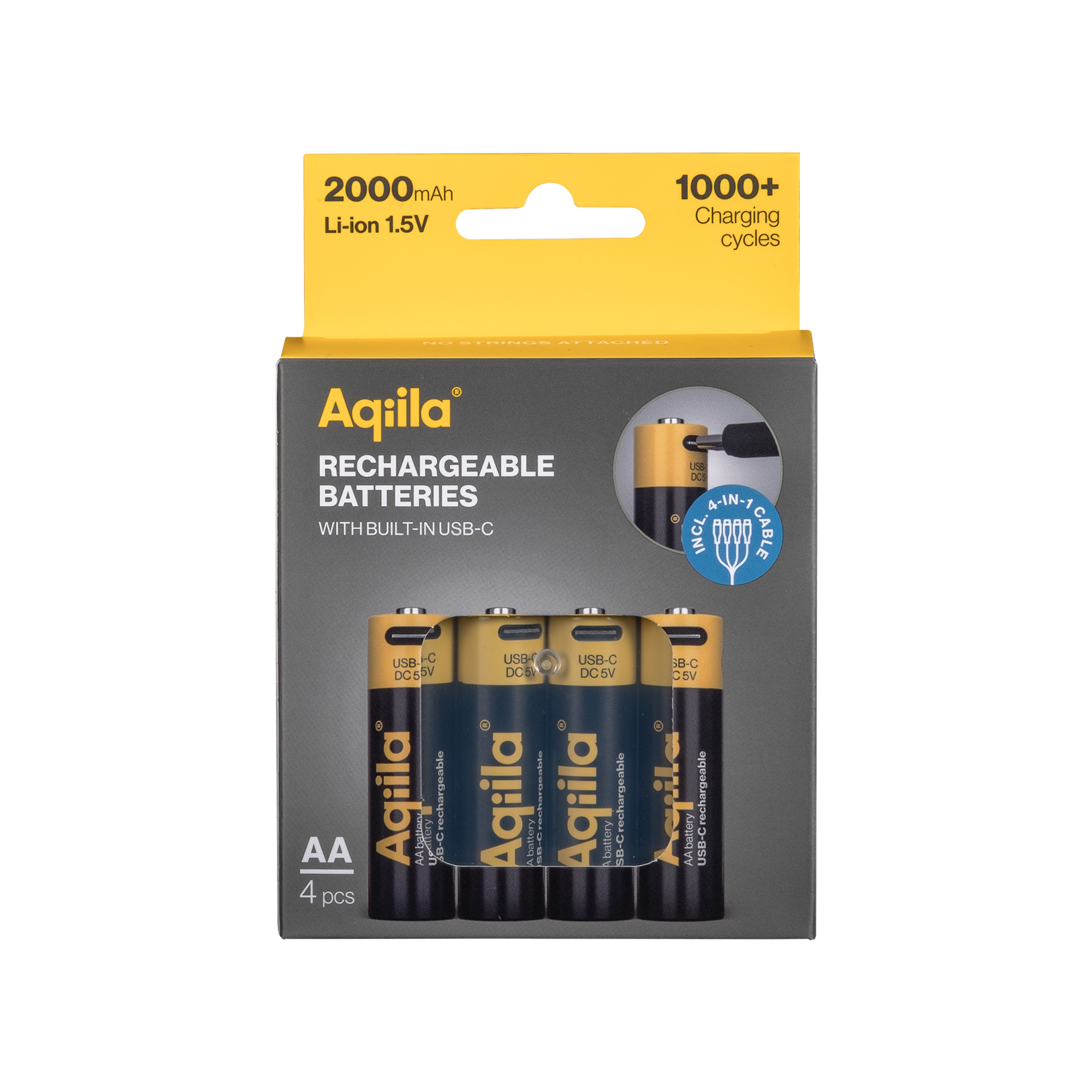 Aqiila Uppladdningsbart USB-C Lithium batteri AA 1,5V 4-pack