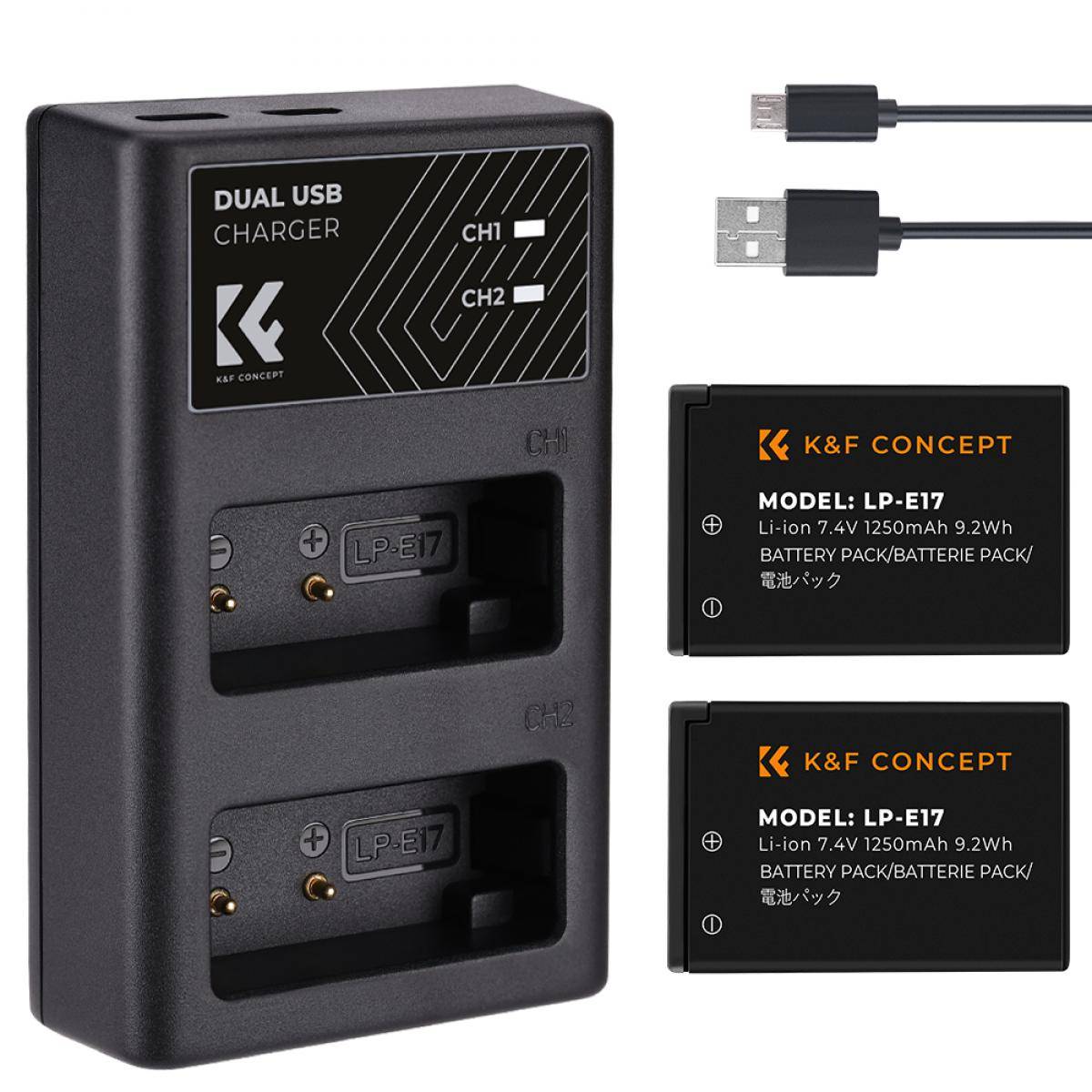 KENTFAITH LP-E17 Replacement Battery 2 Pack and Charger for EOS RP, Rebel T8i, T7i, T6i, T6s, SL2, SL3, EOS M3, M5, M6 Mark II, 77D, 200D, 750D, 760D, 800D, 8000D (Micro USB Port,1250mAH)