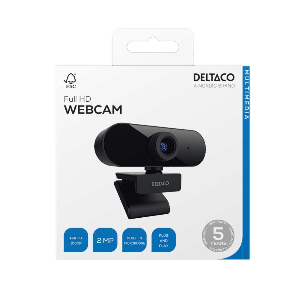 deltaco W-100 Webcam, 1080p 1920x1080 2MP, built-in mic, 2 m cable.